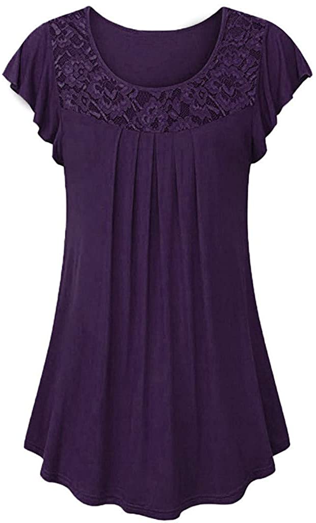 haoricu Tunics for Women Wear with Leggings Short Sleeve Ladies Solid Lace Patchwork Ruched Blouse T