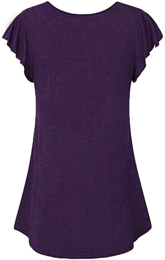 haoricu Tunics for Women Wear with Leggings Short Sleeve Ladies Solid Lace Patchwork Ruched Blouse T