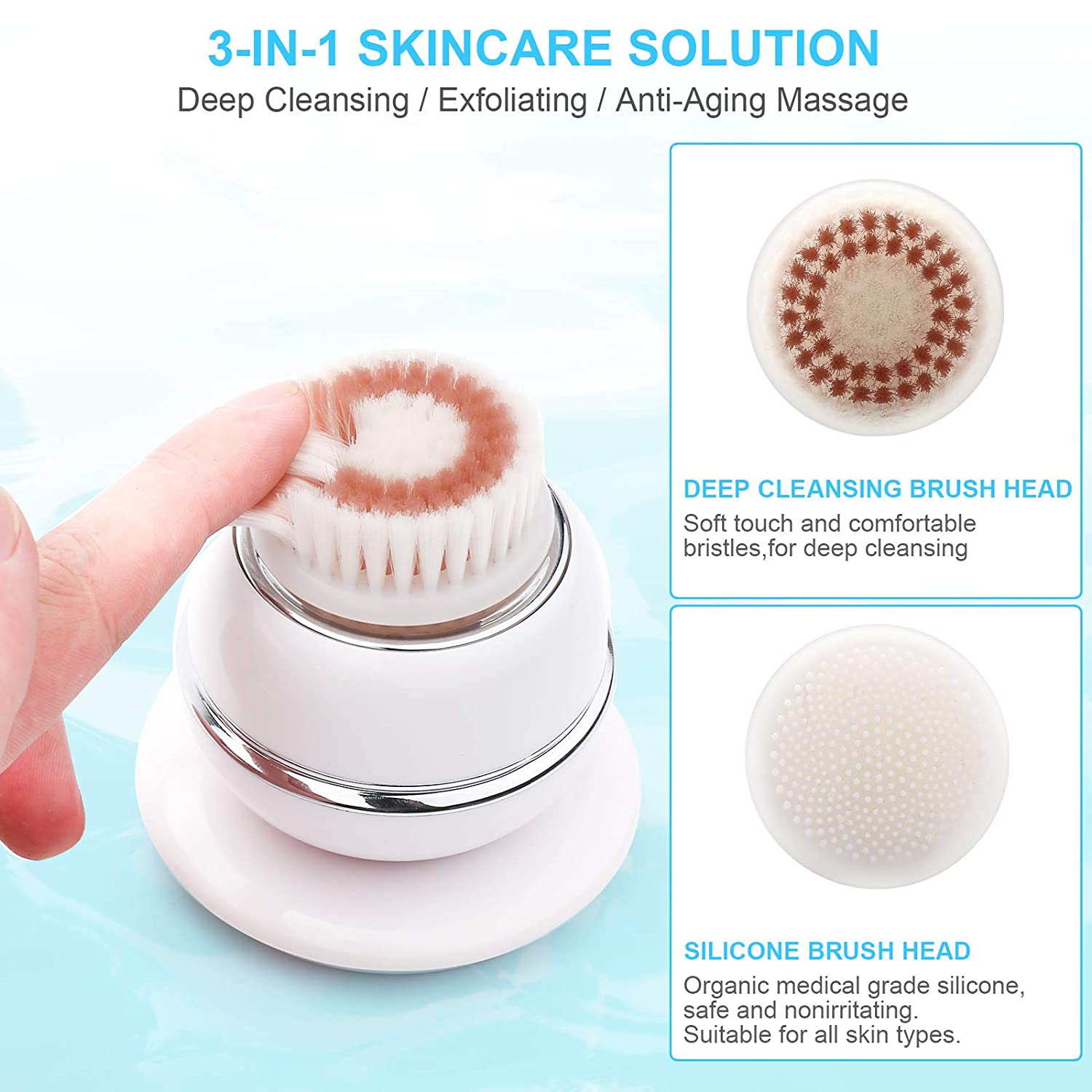 Facial Cleansing Brush, Electric Face Cleanser Brush Waterproof Wireless Massager for Deep Cleansing