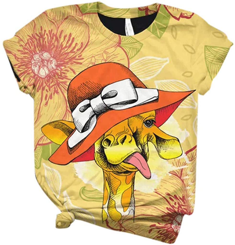 Dosoop Women Plus Size Short Sleeve Cute 3D Giraffe Print Casual Crewneck Summer Graphic T Shirts To