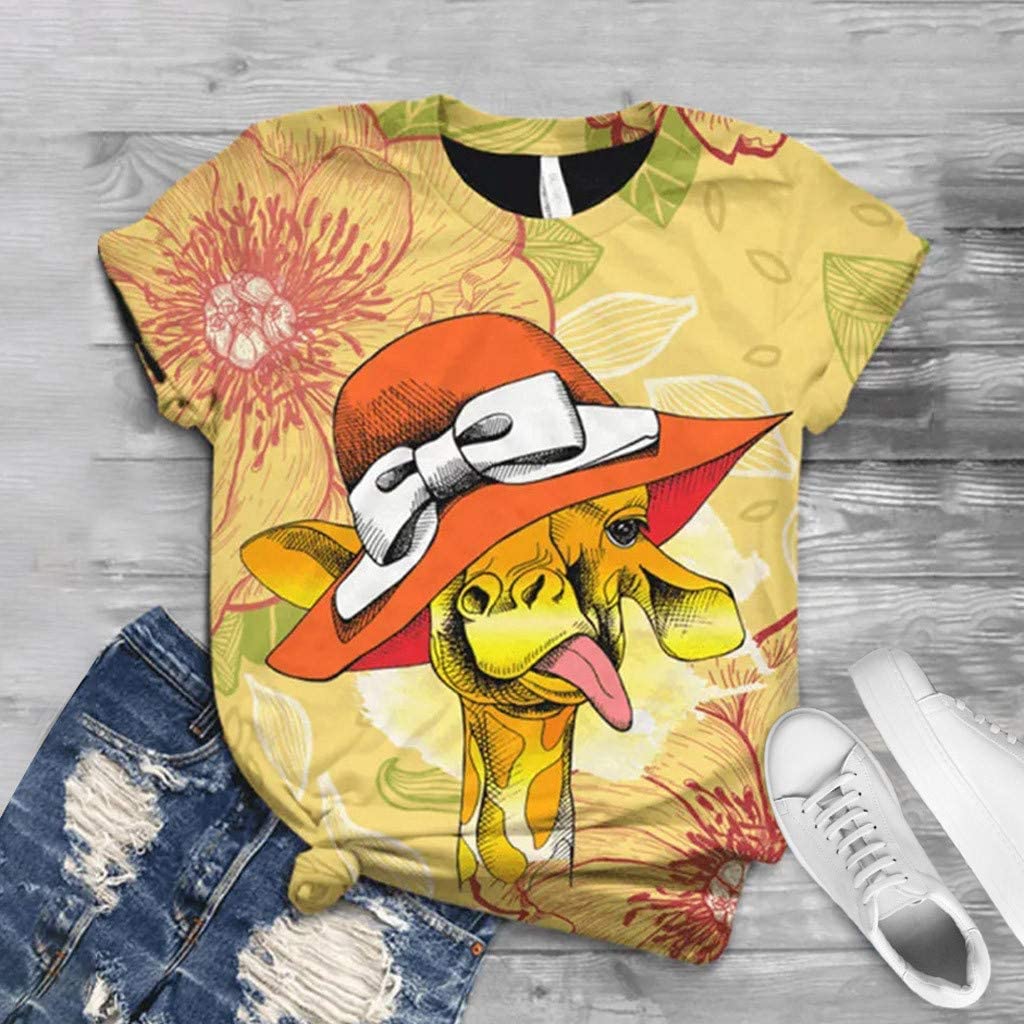 Dosoop Women Plus Size Short Sleeve Cute 3D Giraffe Print Casual Crewneck Summer Graphic T Shirts To