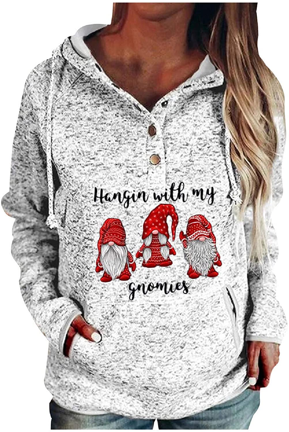 Dosoop Women Button Collar Hoodies Long Sleeve Drawstring Pockets Sweatshirts Hoodies Pullover Tops 