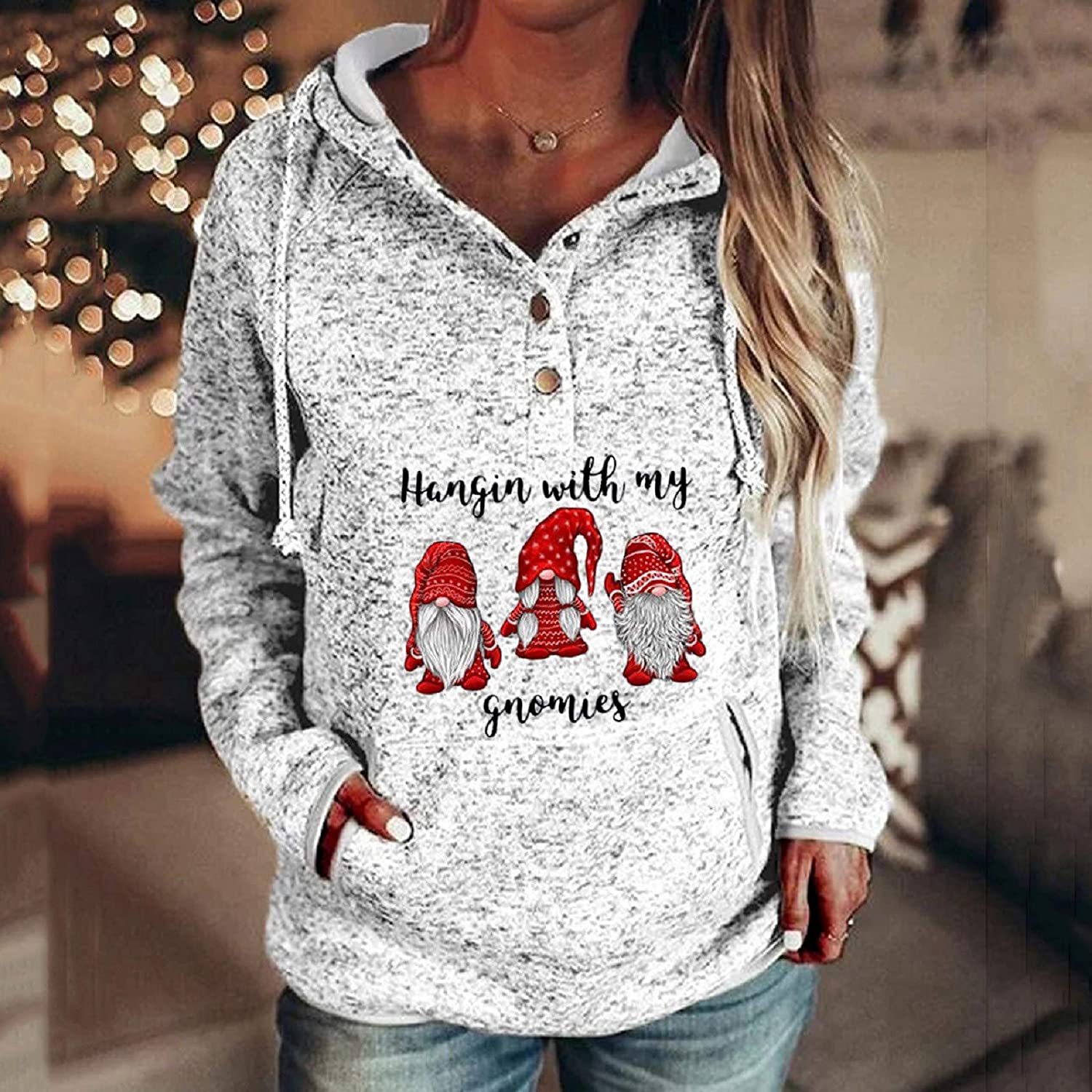 Dosoop Women Button Collar Hoodies Long Sleeve Drawstring Pockets Sweatshirts Hoodies Pullover Tops 