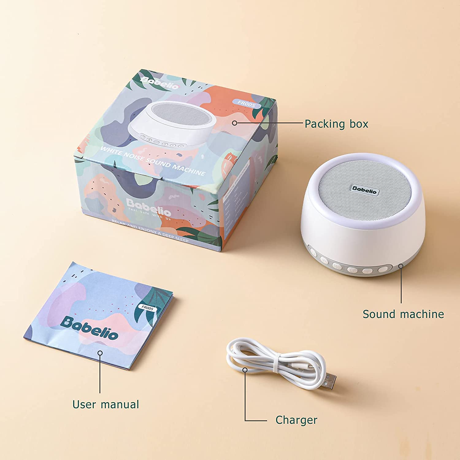 BABELIO White Noise Machine with Bluetooth, Sound Machine for Baby Kids Adults with Night Light, Noi