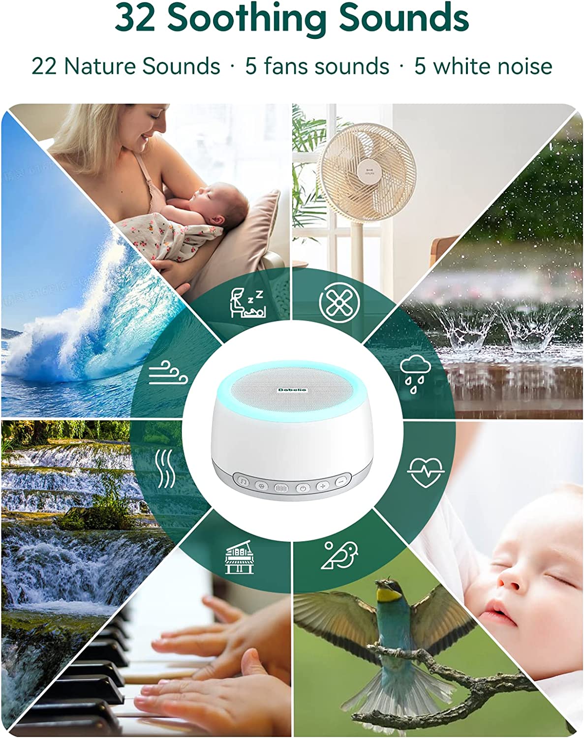 BABELIO White Noise Machine with Bluetooth, Sound Machine for Baby Kids Adults with Night Light, Noi