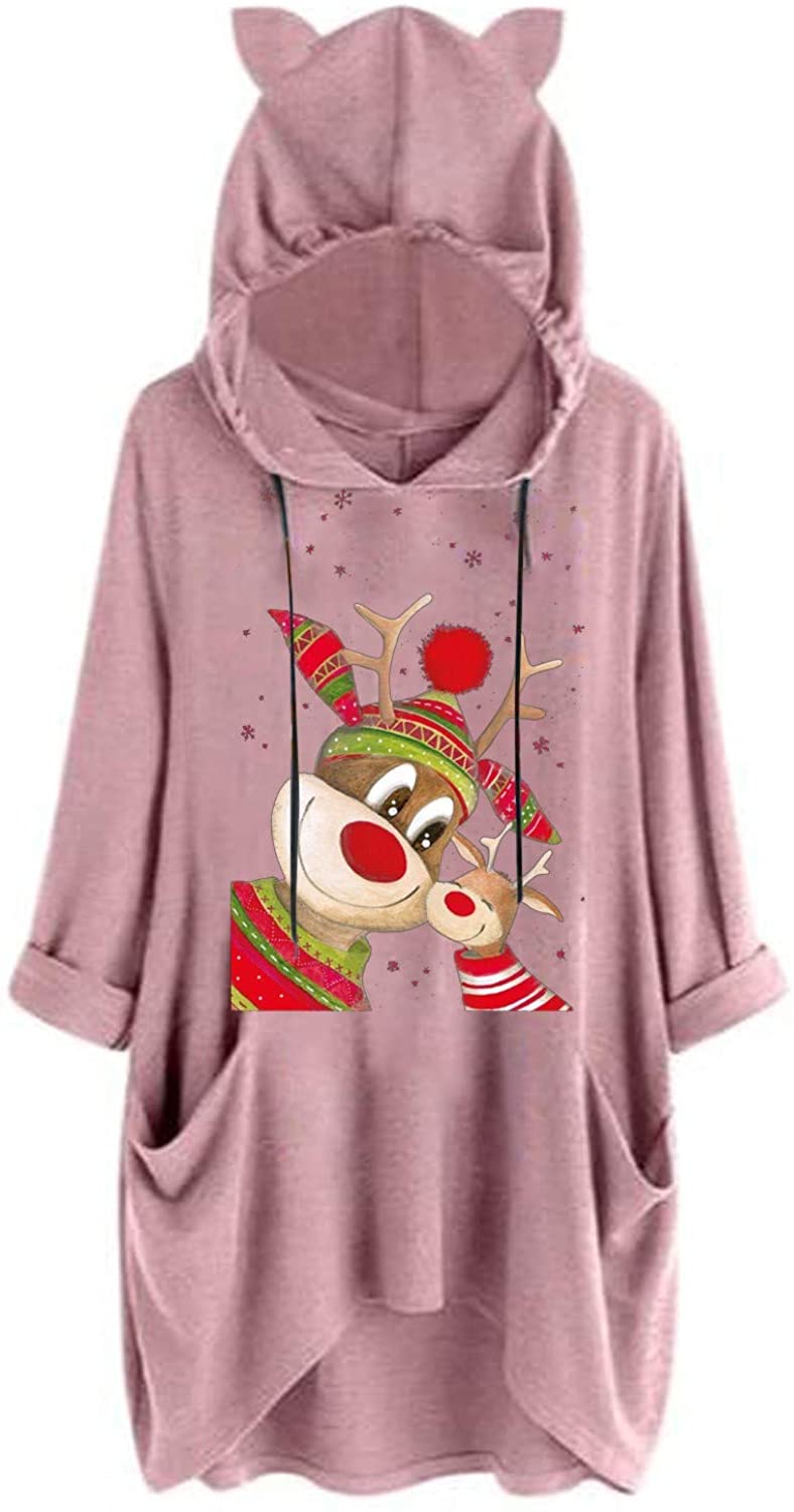 Dosoop Womens Long Sleeve Pocket Tops, Christmas Reindeer Print Hoodie Sweater Sweatshirt Hooded Pul