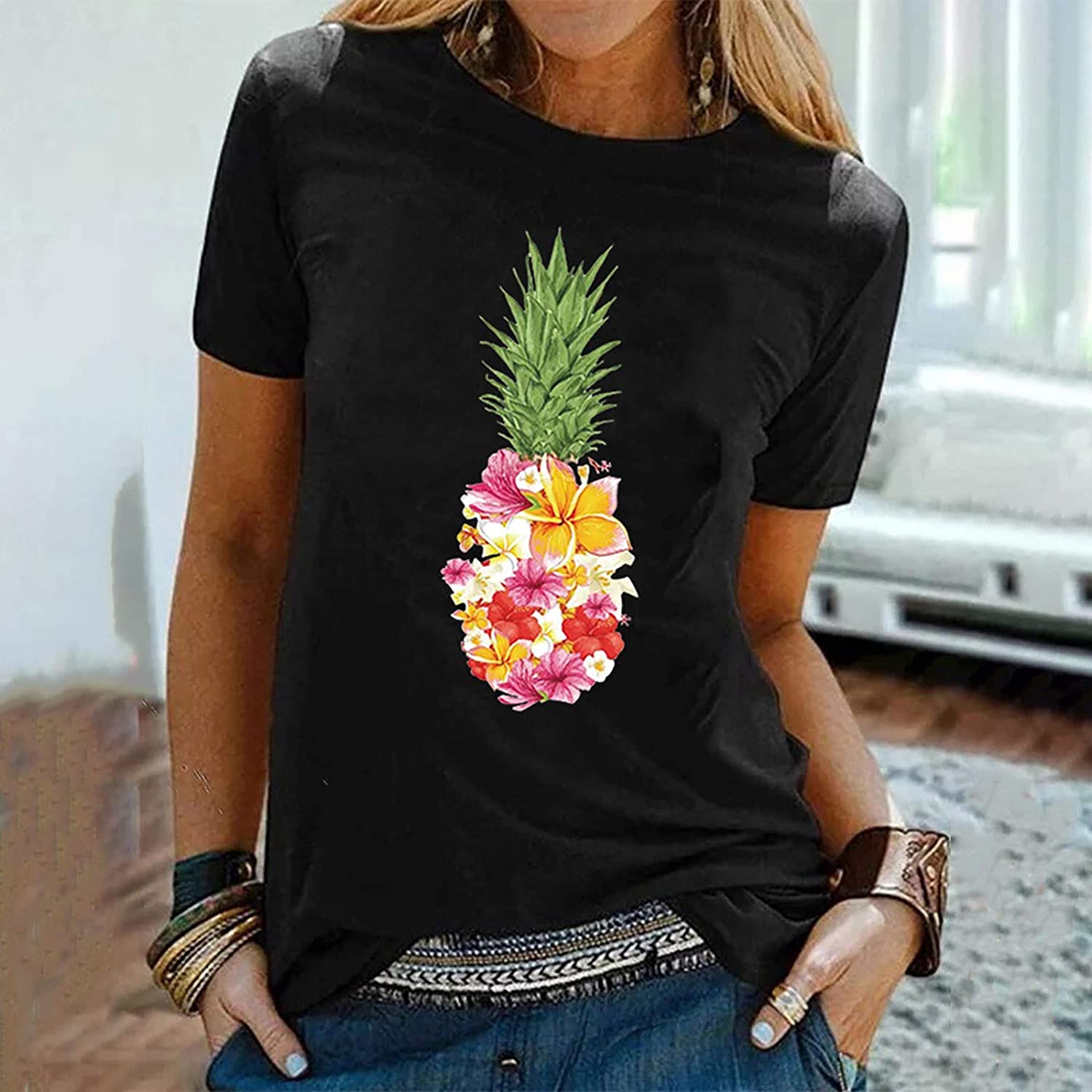 Dosoop Graphic T Shirts for Women Short Sleeve Colorful Print Crewneck Tee Shirts Tops Blouse Plus S