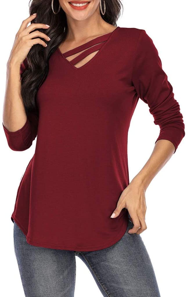 Dosoop Fashion Womens Long Sleeve Solid Color V Neck Shirts Casual Elegant Pullover Casual Loose Top