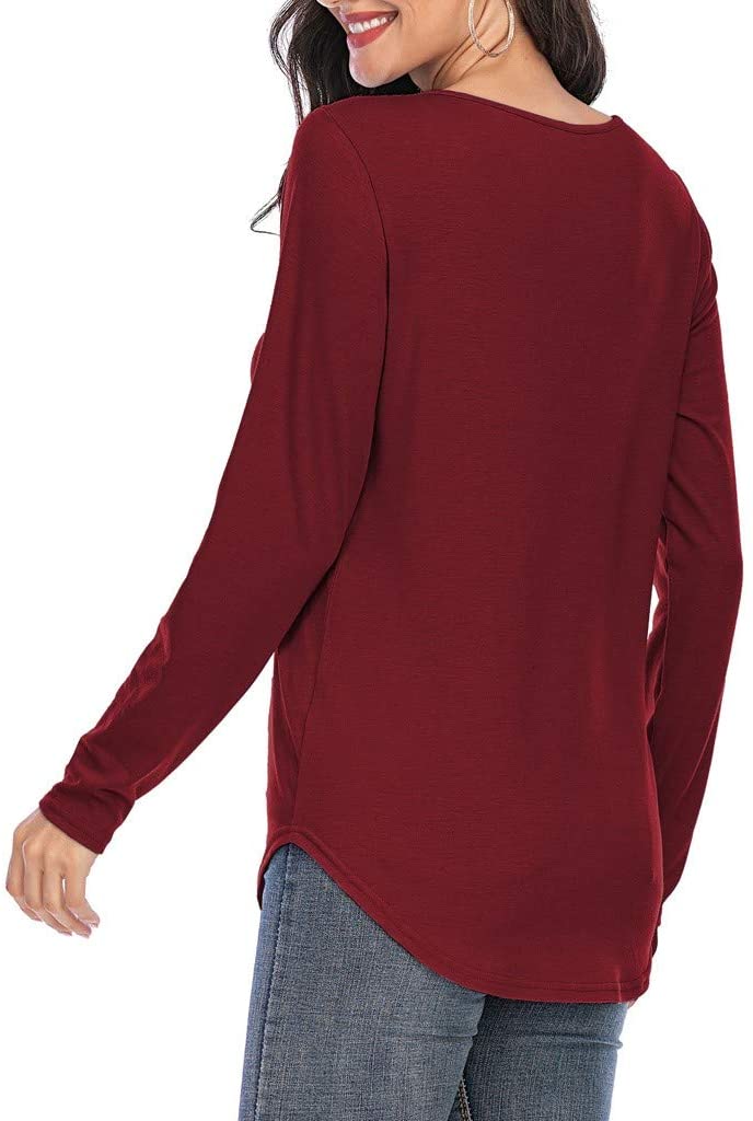 Dosoop Fashion Womens Long Sleeve Solid Color V Neck Shirts Casual Elegant Pullover Casual Loose Top