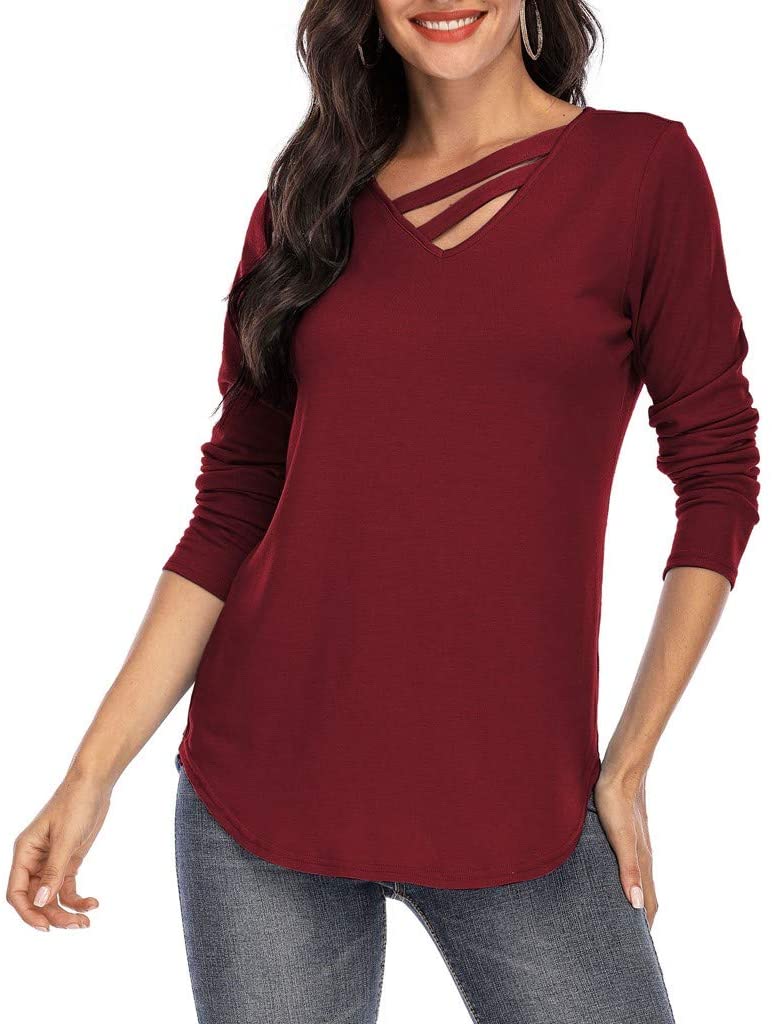 Dosoop Fashion Womens Long Sleeve Solid Color V Neck Shirts Casual Elegant Pullover Casual Loose Top