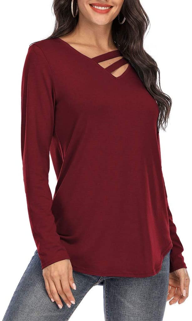 Dosoop Fashion Womens Long Sleeve Solid Color V Neck Shirts Casual Elegant Pullover Casual Loose Top