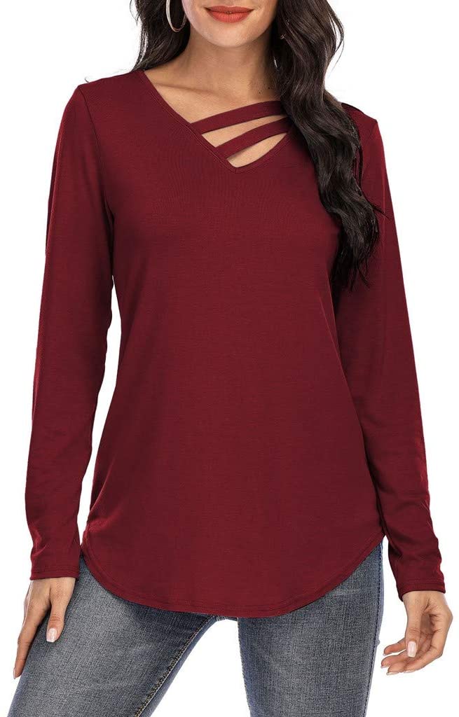 Dosoop Fashion Womens Long Sleeve Solid Color V Neck Shirts Casual Elegant Pullover Casual Loose Top