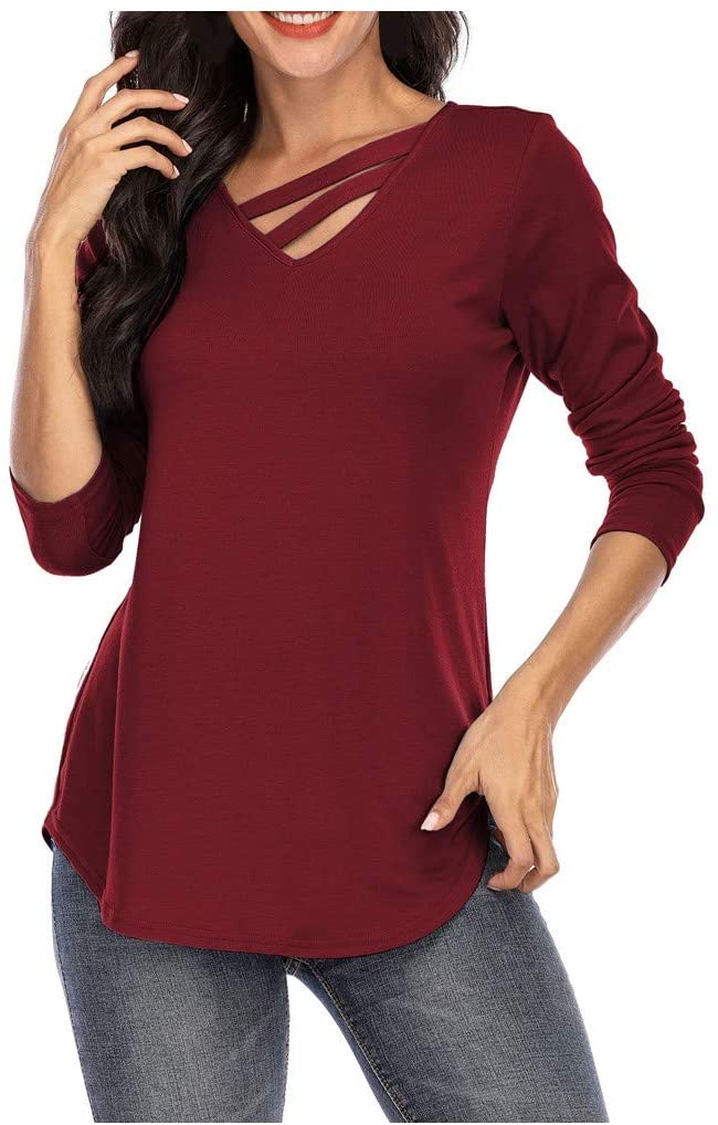 Dosoop Fashion Womens Long Sleeve Solid Color V Neck Shirts Casual Elegant Pullover Casual Loose Top