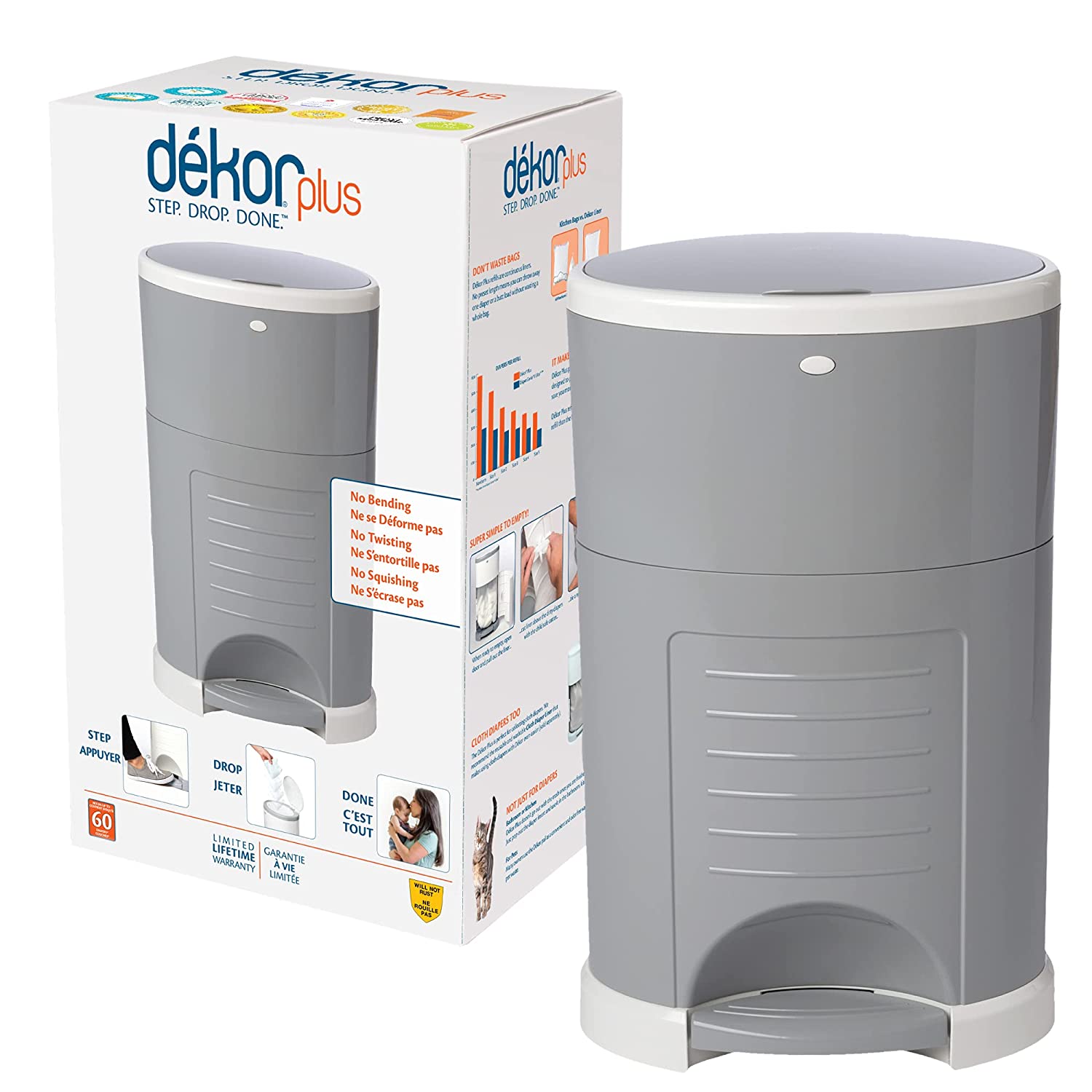 Dekor Plus Hands-Free Diaper Pail | Gray | Easiest to Use | Just Step – Drop – Done | Doesn’t