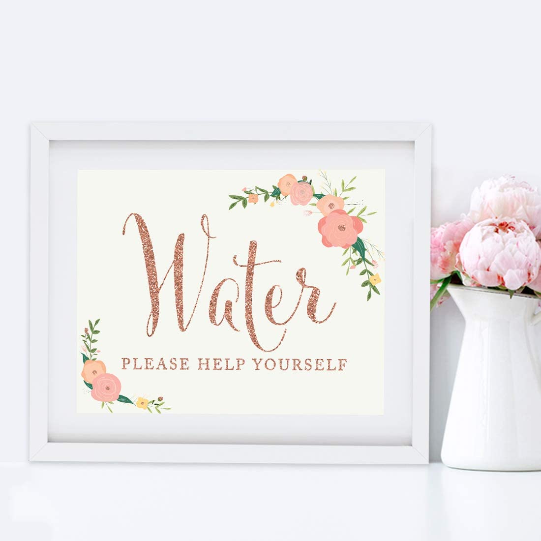 Andaz Press Wedding Party Signs, Faux Rose Gold Glitter with Florals, 8.5x11-inch, Water Please Help