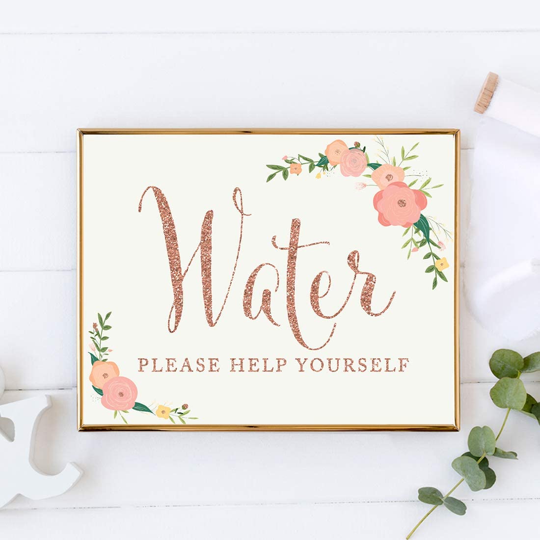 Andaz Press Wedding Party Signs, Faux Rose Gold Glitter with Florals, 8.5x11-inch, Water Please Help