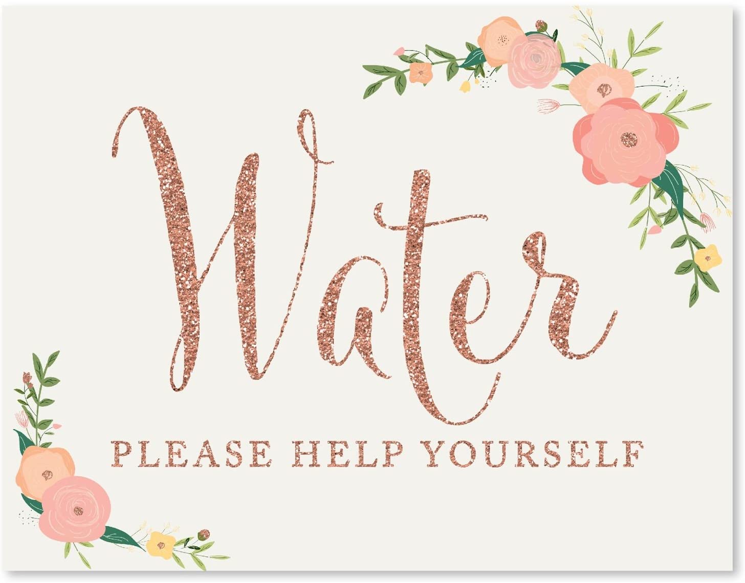 Andaz Press Wedding Party Signs, Faux Rose Gold Glitter with Florals, 8.5x11-inch, Water Please Help