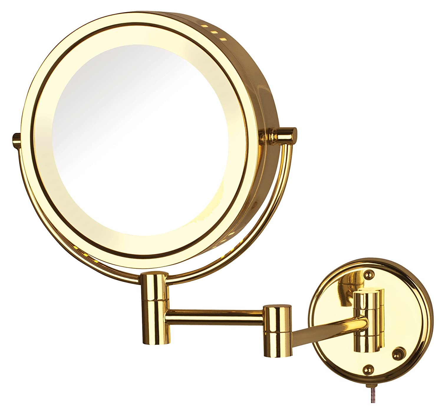 Jerdon 8.5-Inch Lighted Wall Mount Makeup Mirror with 8x Magnification, Bright Brass Finish