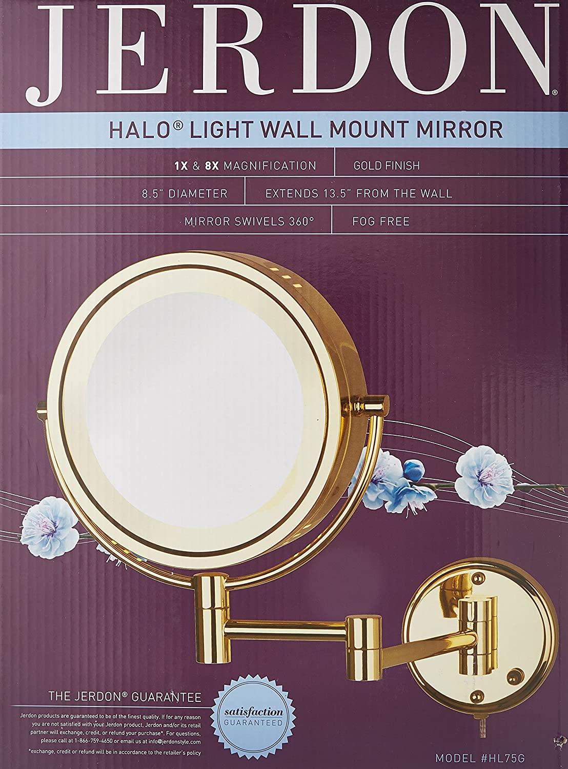 Jerdon 8.5-Inch Lighted Wall Mount Makeup Mirror with 8x Magnification, Bright Brass Finish