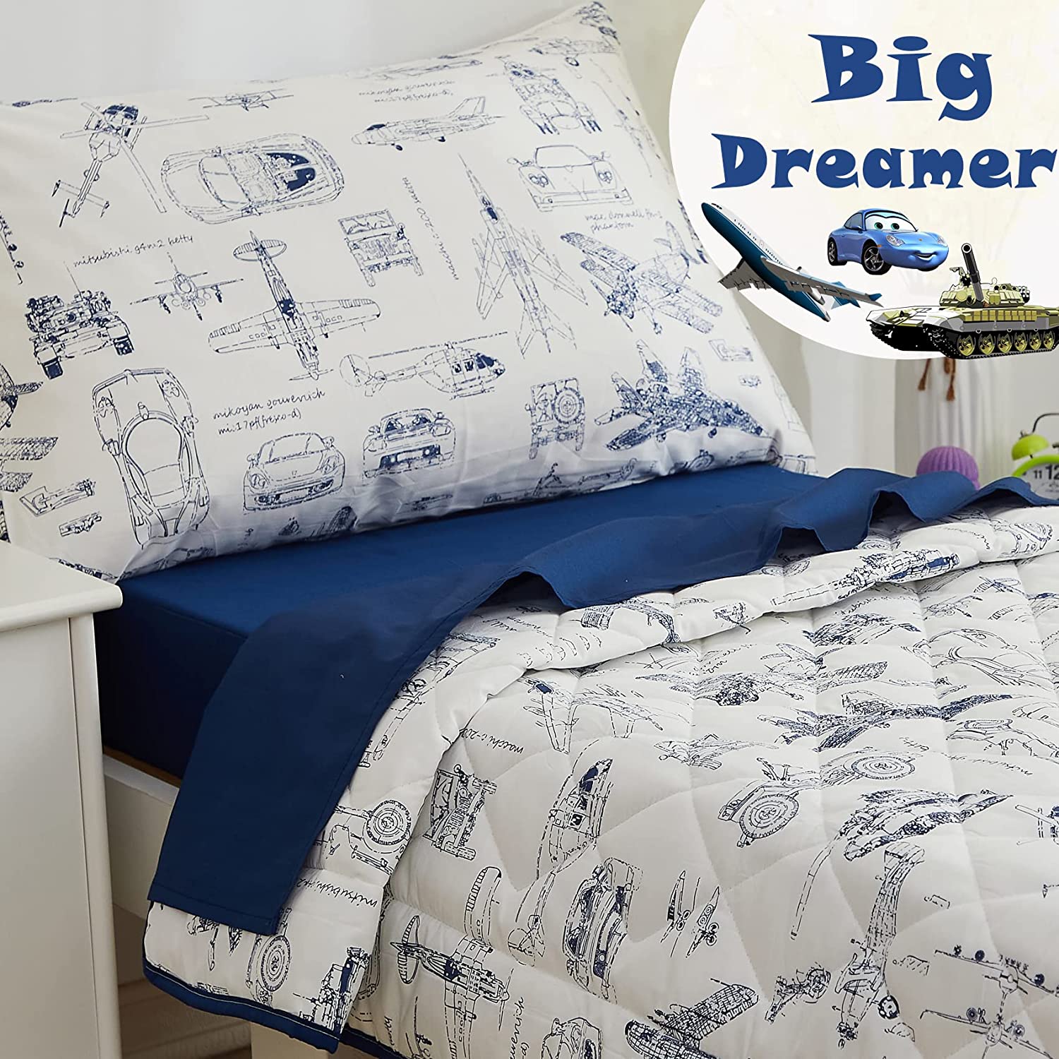 Brandream Cars Truck Toddler Bedding Sets for Boys Bed-in-a-Bag Cotton Comforter Set, 4-Piece Includ