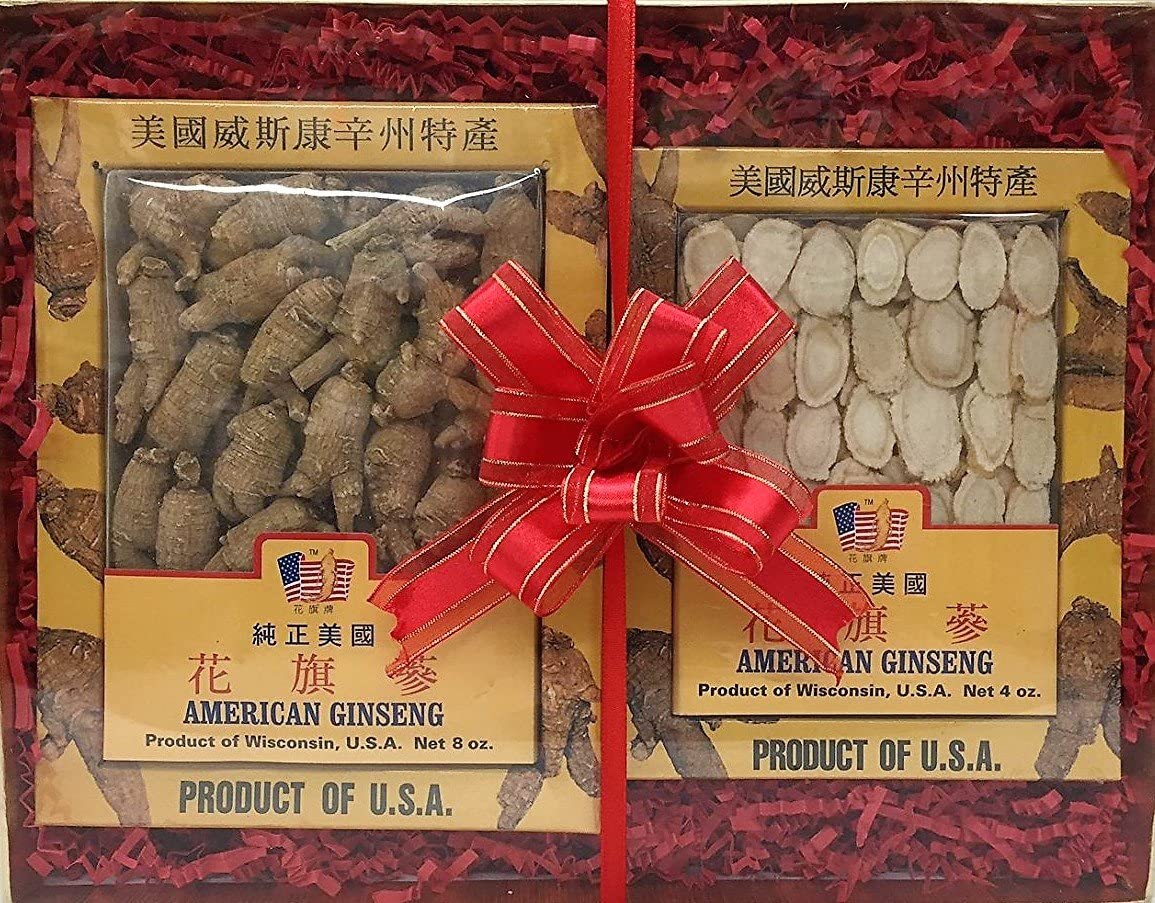 Premium Ginseng Gift Box Set, Ginseng Medium Size Round (8oz), Ginseng Slice (4oz)