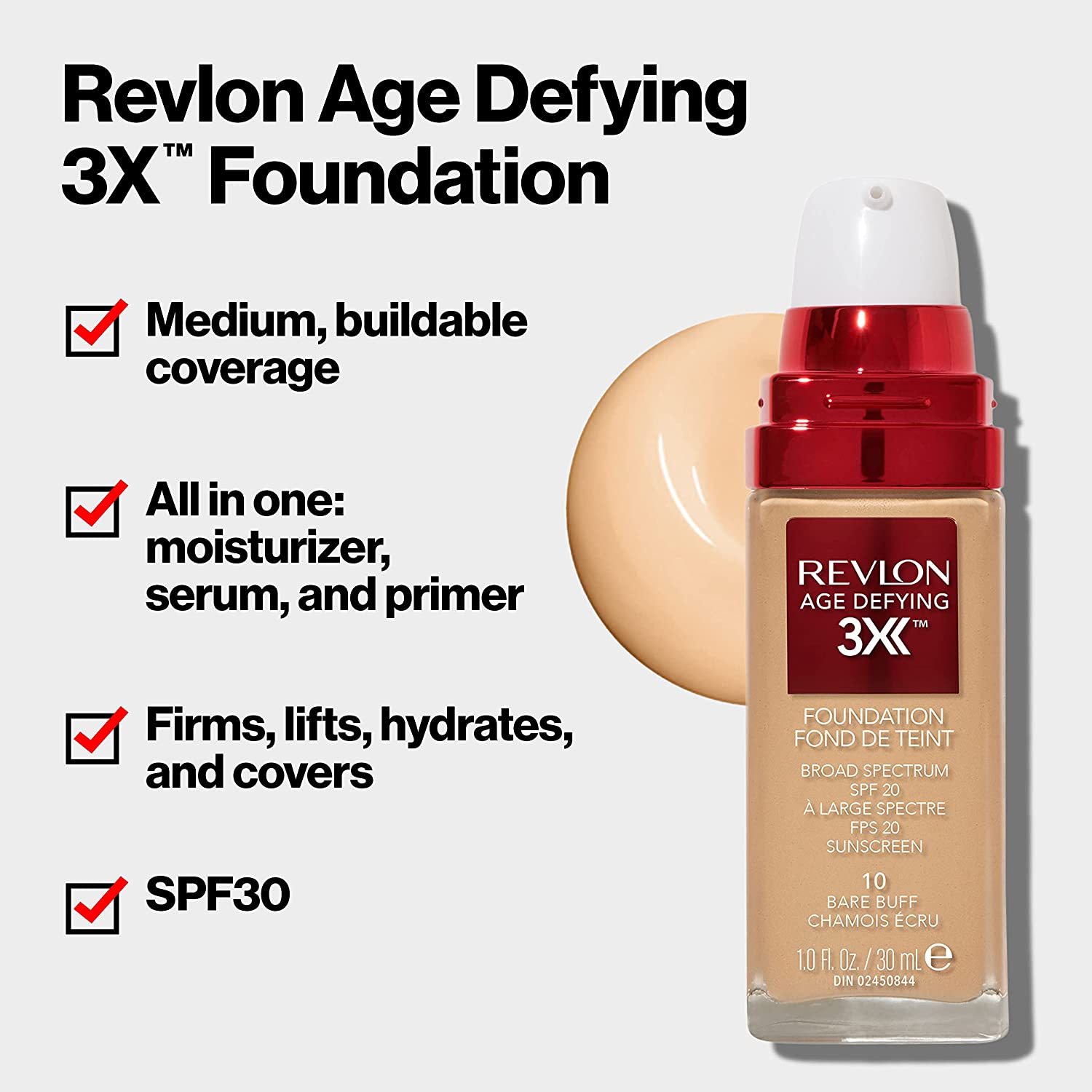 Revlon Age Defying 3X Makeup Foundation, Firming, Lifting and Anti-Aging Medium, Buildable Coverage 
