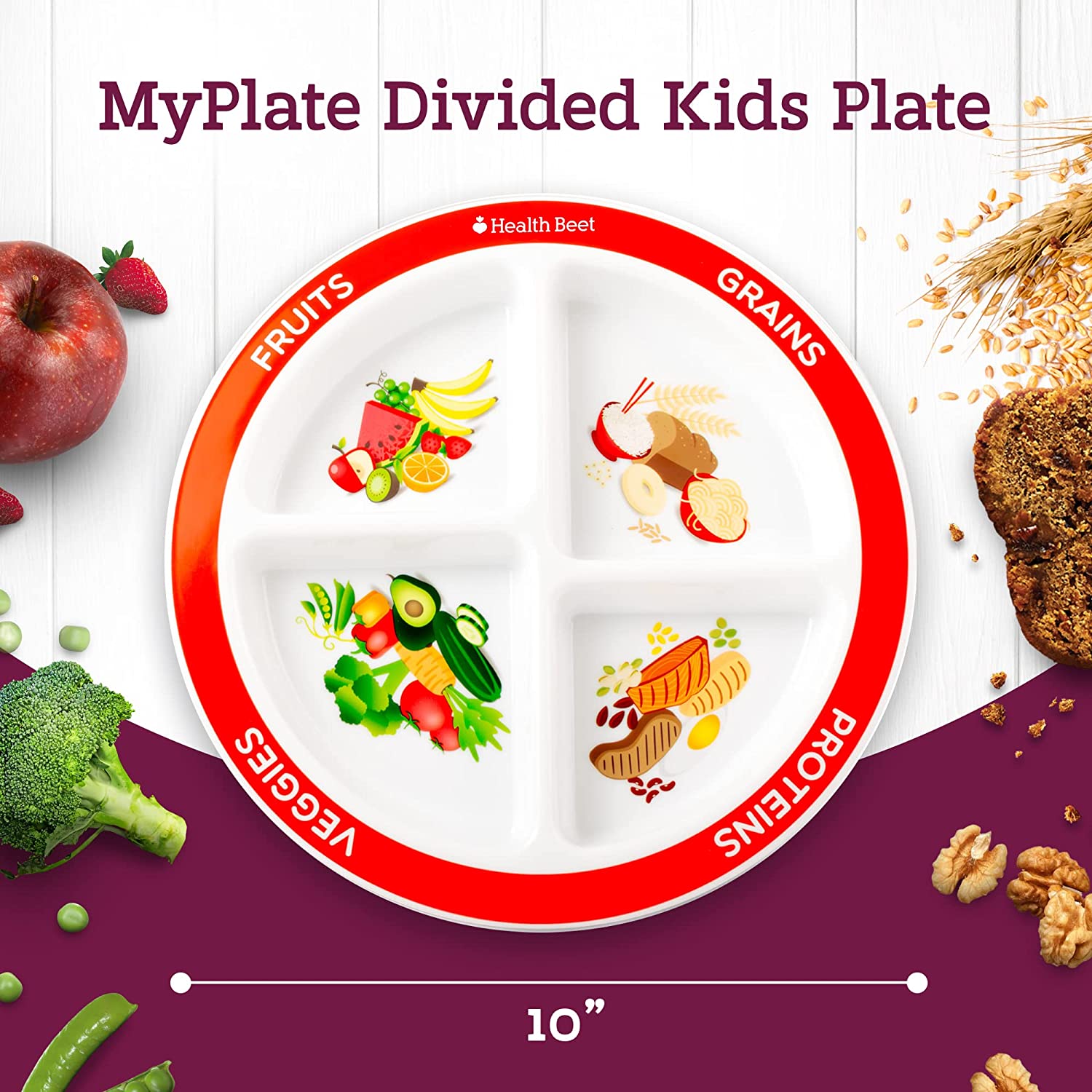 Choose MyPlate Portion Plate for Kids, Toddlers - Kids Nutrition Plates with Dividers from Health Be