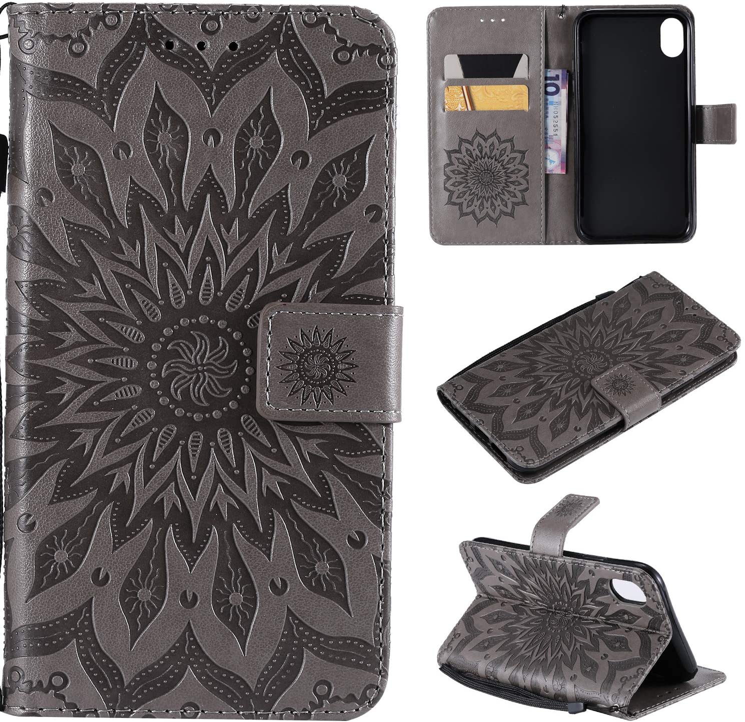 Cfrau Kickstand Wallet Case with Black Stylus for iPhone XR 6.1 inch,Retro Mandala Sunflower PU Leat
