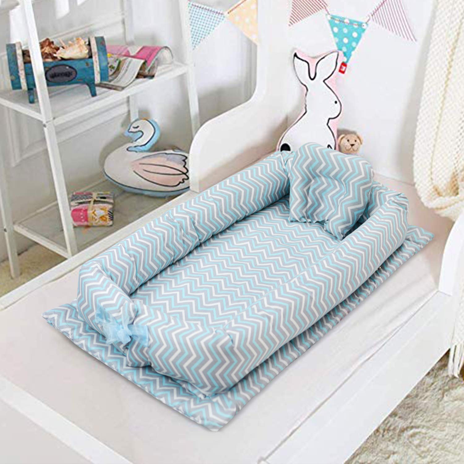 Abreeze Baby Bassinet for Bed -Blue Grey Striped Baby Lounger - Breathable Co-Sleeping Baby Bed - 10