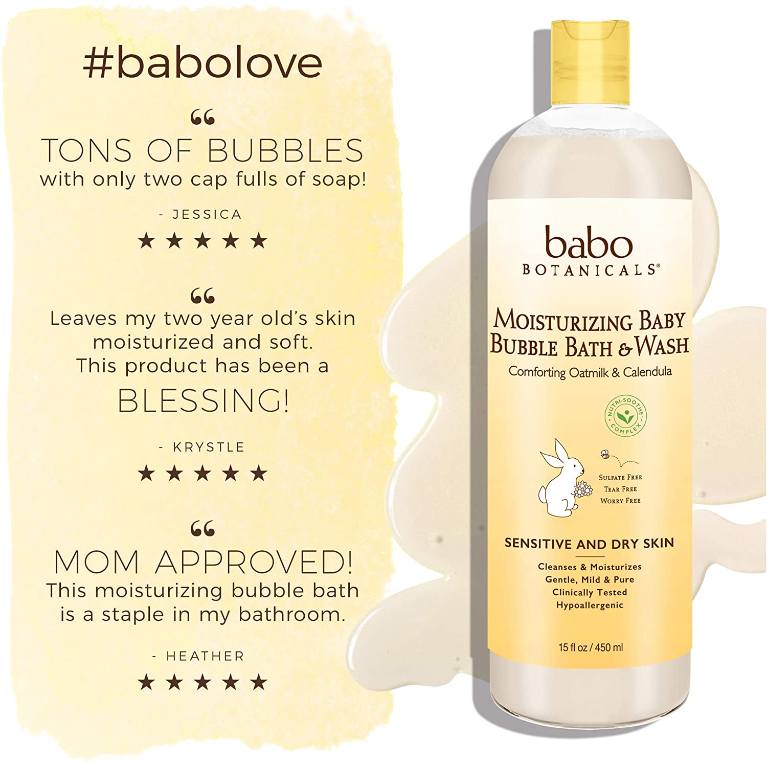 Babo Botanicals Moisturizing Plant-Based 2-in-1 Bubble Bath & Wash - with Organic Calendula & Natura