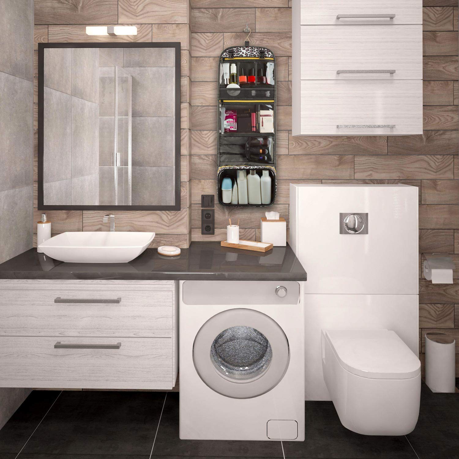 Hanging Toiletry Bag Leopard Print - TSA Approved Travel Kit for Women - Flat Makeup Case - Compact