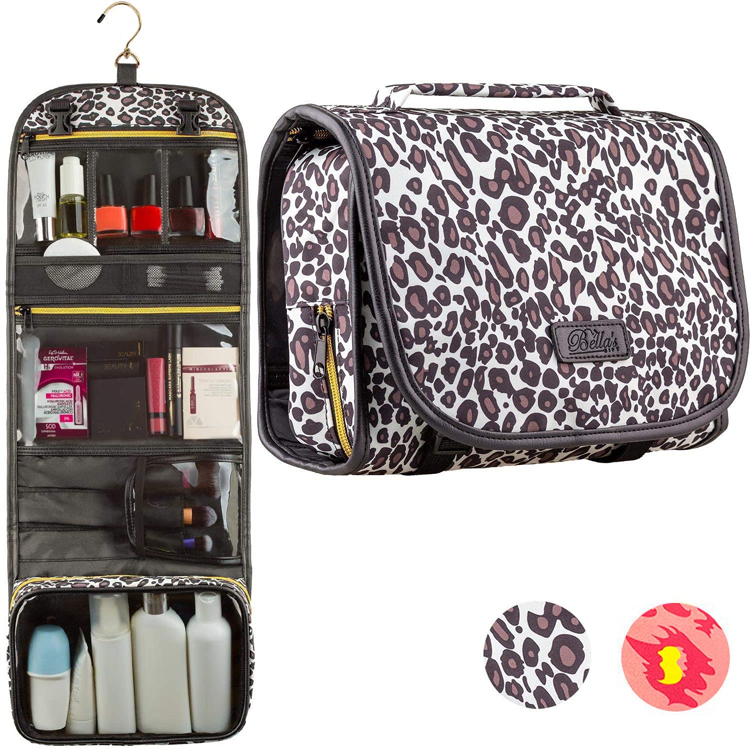 Hanging Toiletry Bag Leopard Print - TSA Approved Travel Kit for Women - Flat Makeup Case - Compact
