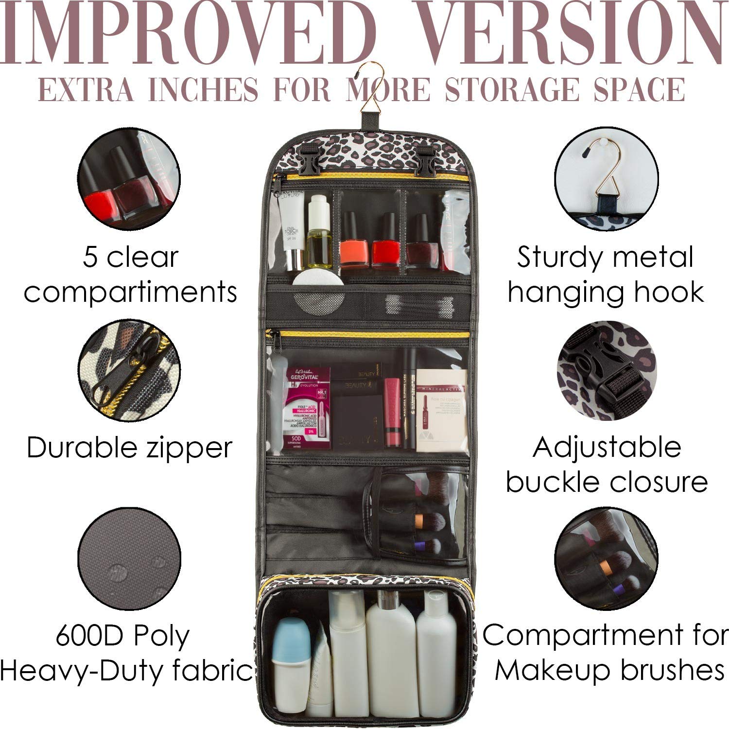 Hanging Toiletry Bag Leopard Print - TSA Approved Travel Kit for Women - Flat Makeup Case - Compact