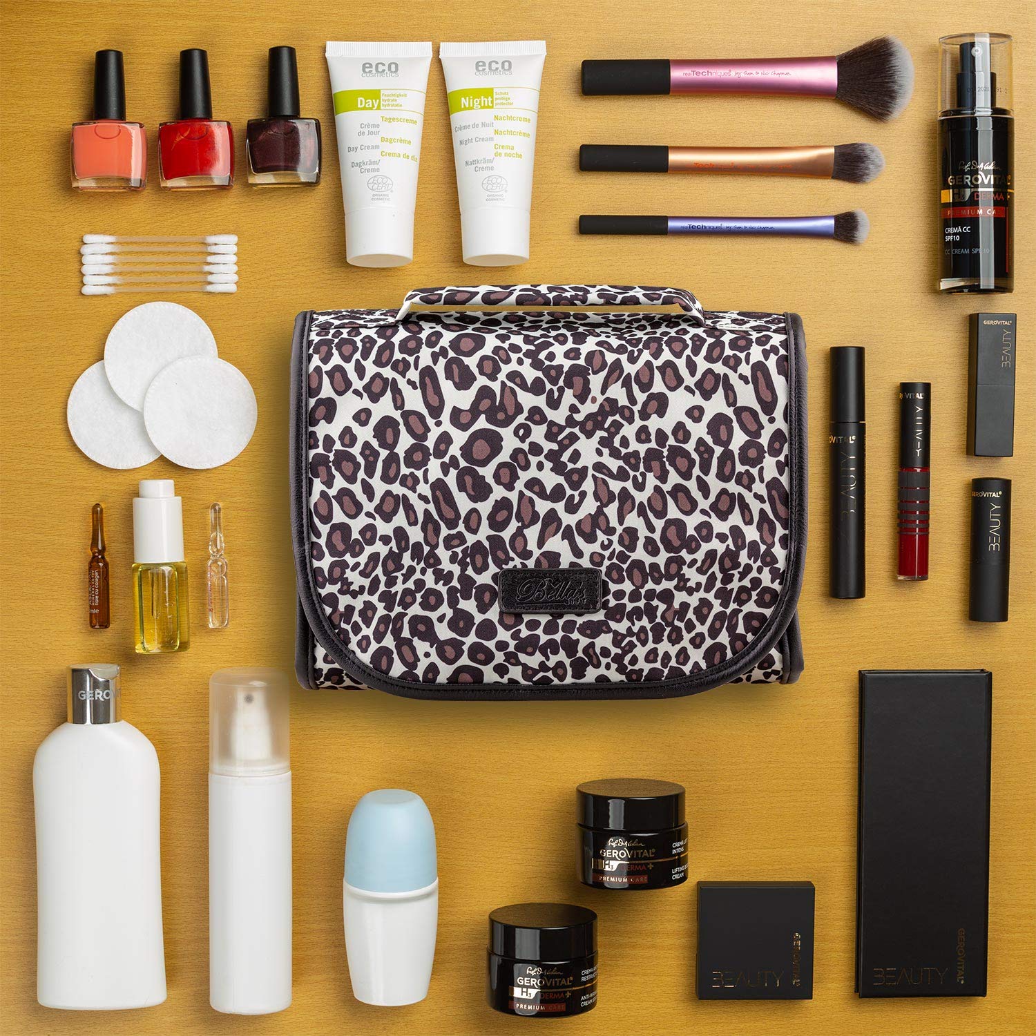 Hanging Toiletry Bag Leopard Print - TSA Approved Travel Kit for Women - Flat Makeup Case - Compact