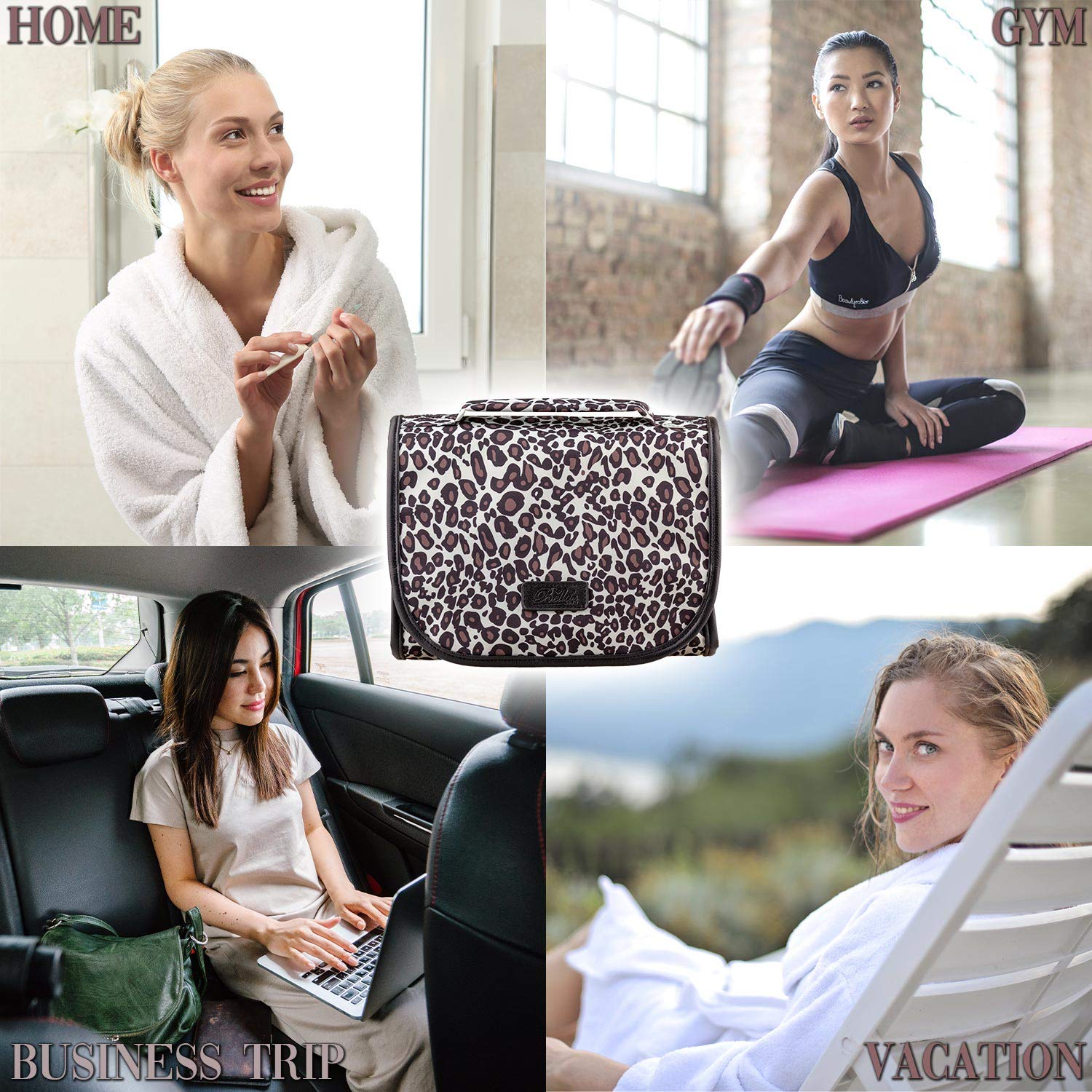 Hanging Toiletry Bag Leopard Print - TSA Approved Travel Kit for Women - Flat Makeup Case - Compact