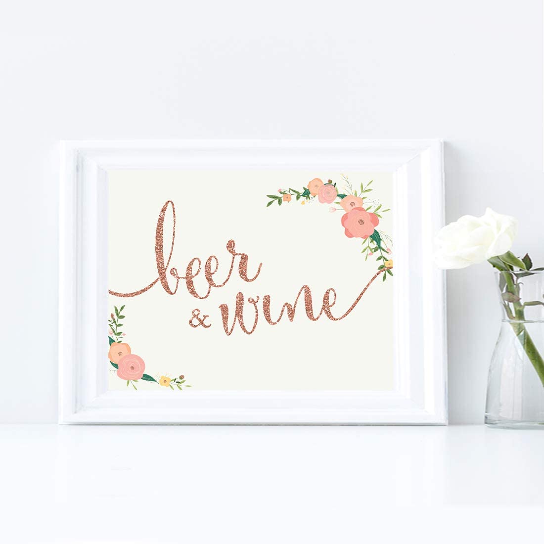 Andaz Press Wedding Party Signs, Faux Rose Gold Glitter with Florals, 8.5x11-inch, Beer & Wine Bar S