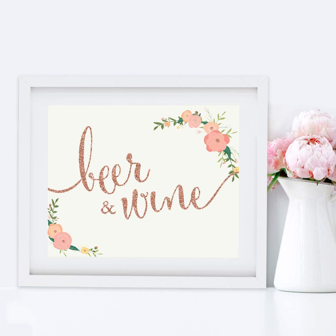 Andaz Press Wedding Party Signs, Faux Rose Gold Glitter with Florals, 8.5x11-inch, Beer & Wine Bar S
