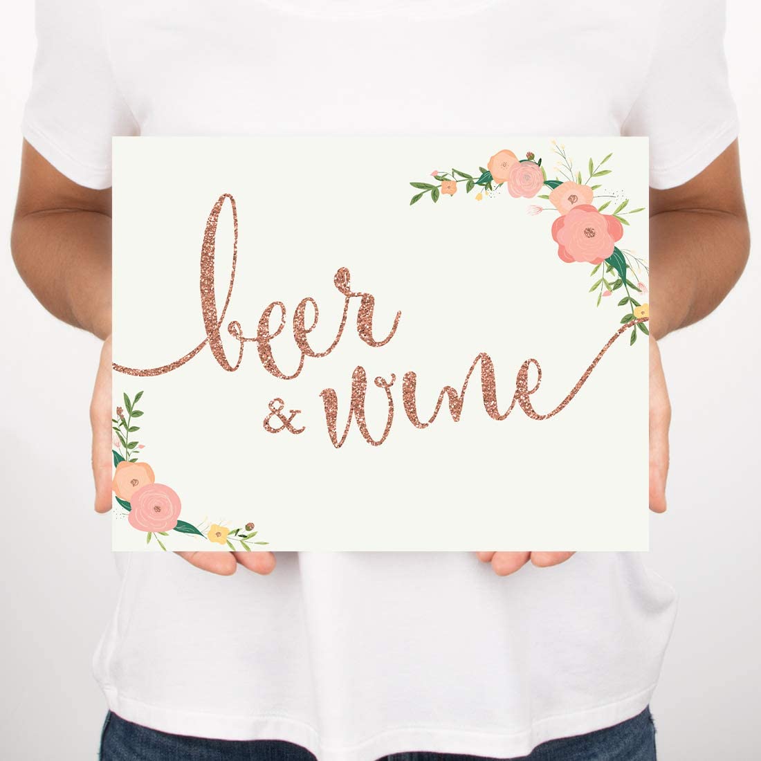 Andaz Press Wedding Party Signs, Faux Rose Gold Glitter with Florals, 8.5x11-inch, Beer & Wine Bar S