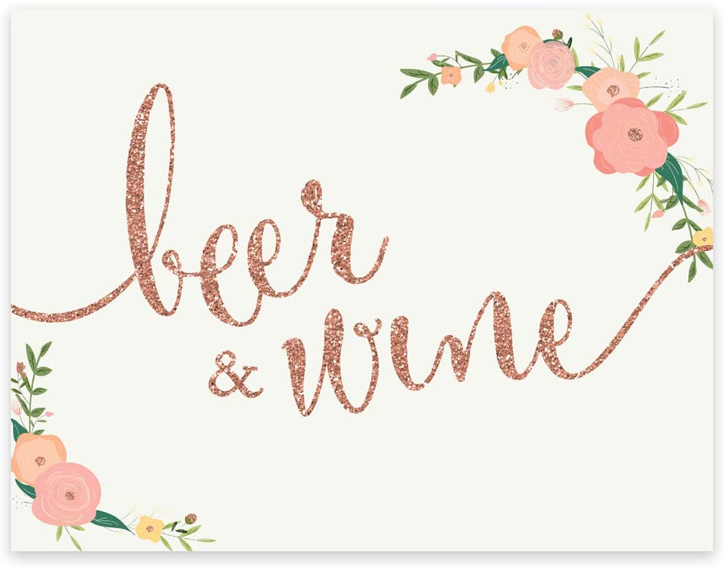 Andaz Press Wedding Party Signs, Faux Rose Gold Glitter with Florals, 8.5x11-inch, Beer & Wine Bar S