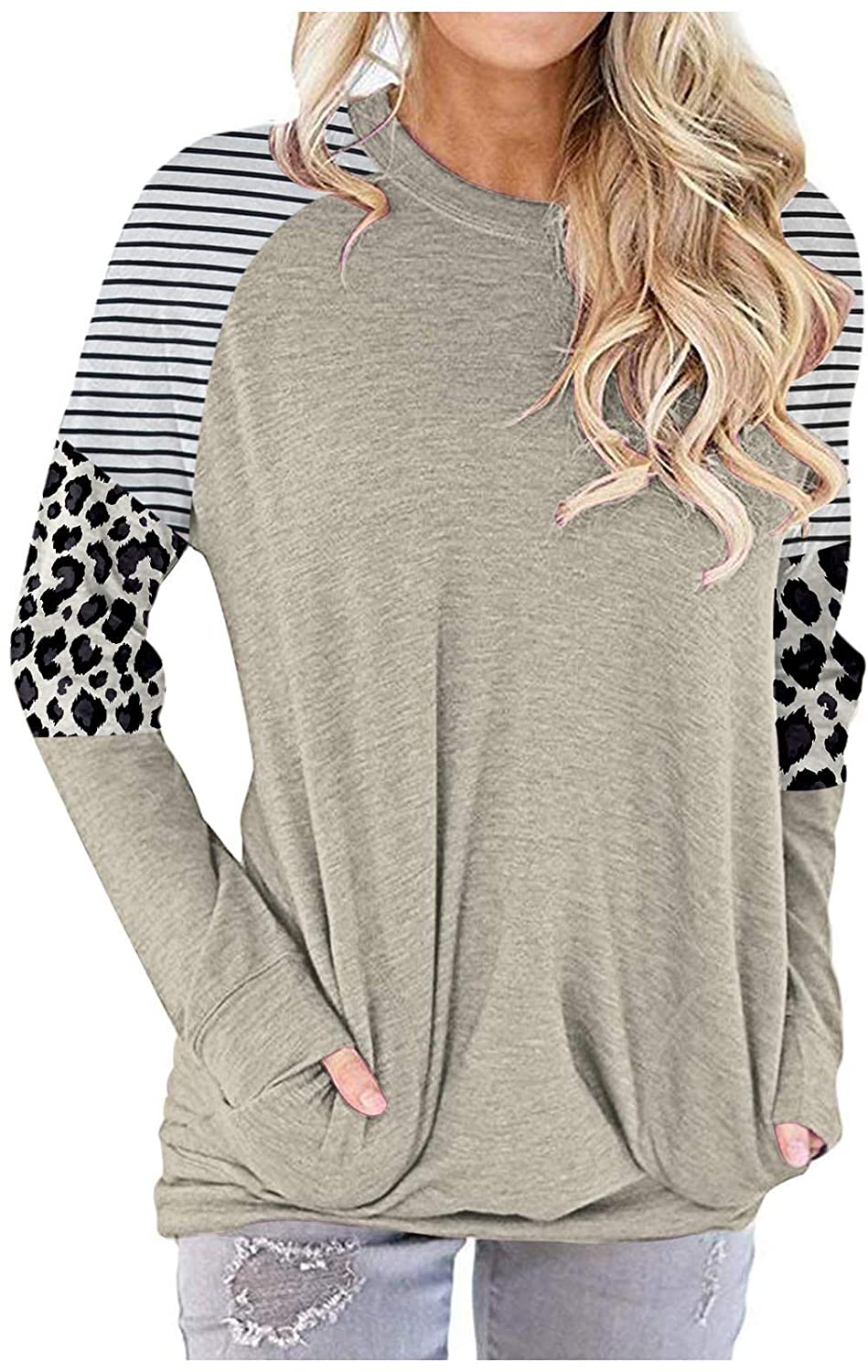 Women Crewneck Long Sleeve Shirt Stripe Leopard Print Pullover with Pocket Top Loose Shirt Blouse