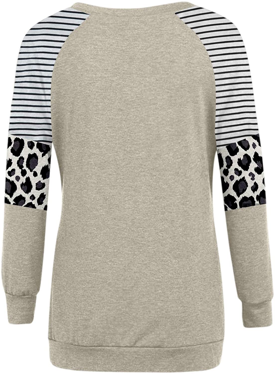 Women Crewneck Long Sleeve Shirt Stripe Leopard Print Pullover with Pocket Top Loose Shirt Blouse