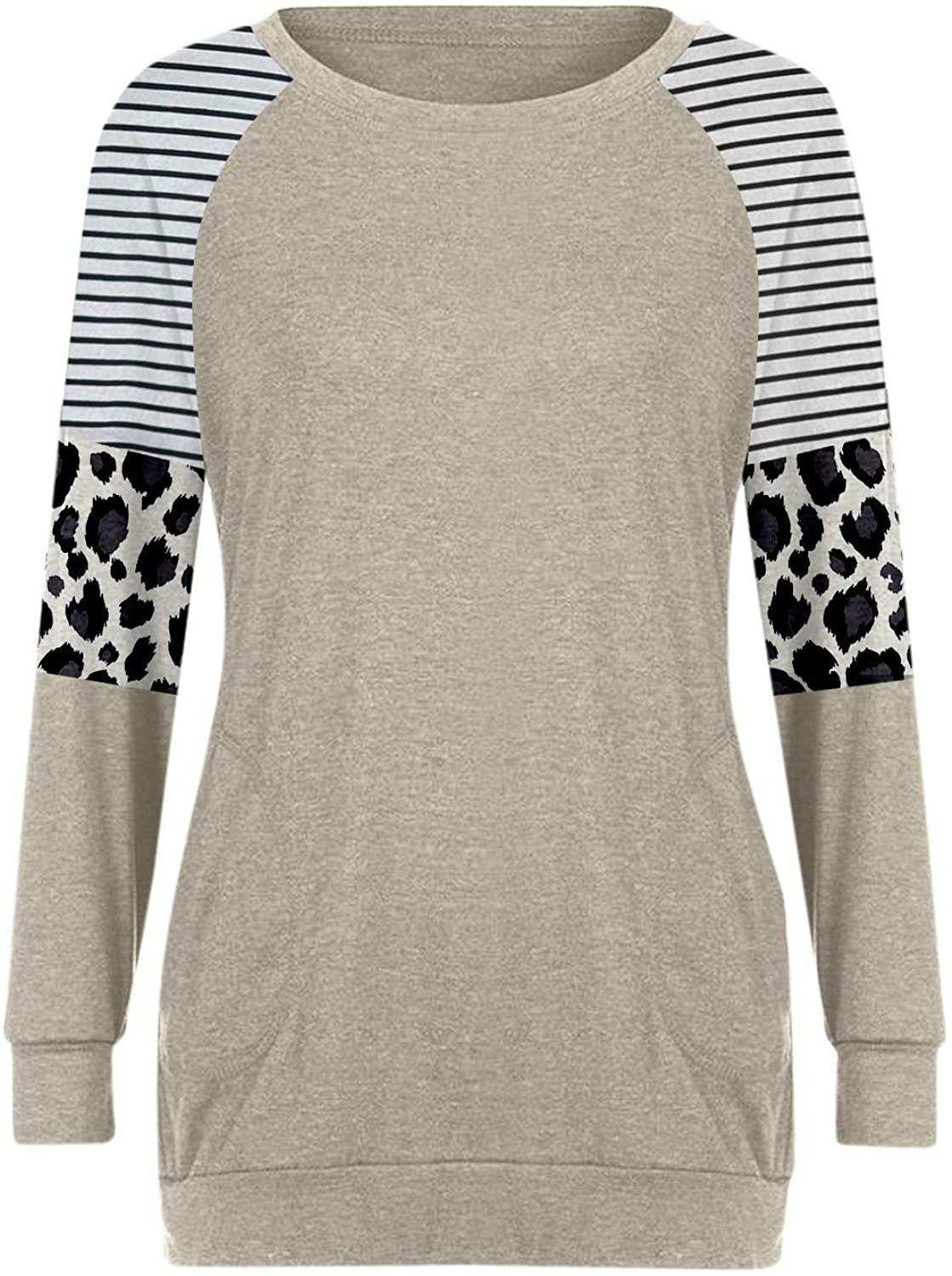Women Crewneck Long Sleeve Shirt Stripe Leopard Print Pullover with Pocket Top Loose Shirt Blouse
