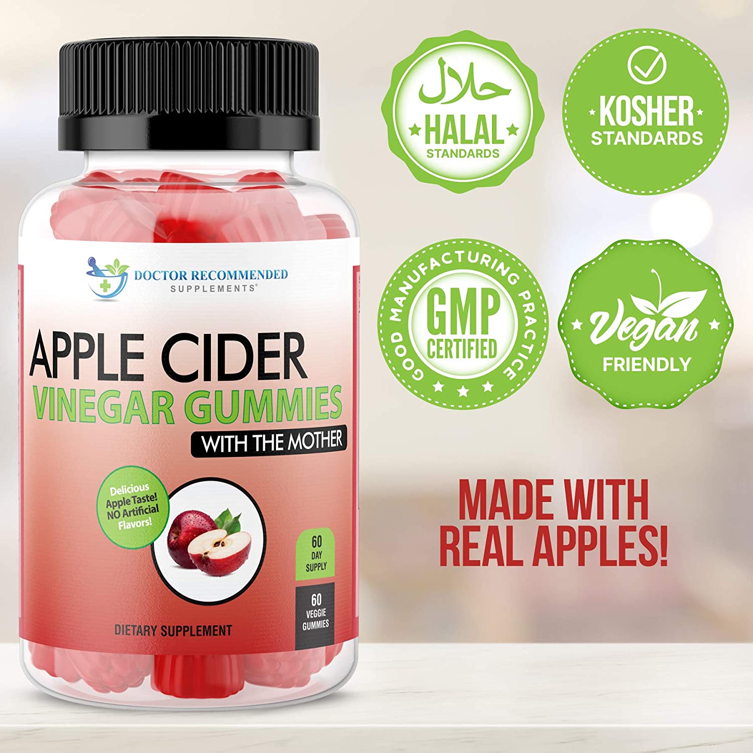 Apple Cider Vinegar Gummy Vitamins - 60 Day Supply of Apple Cider Vinegar Gummies with The Mother, B