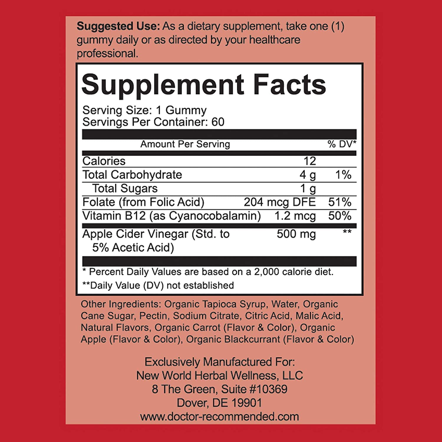 Apple Cider Vinegar Gummy Vitamins - 60 Day Supply of Apple Cider Vinegar Gummies with The Mother, B