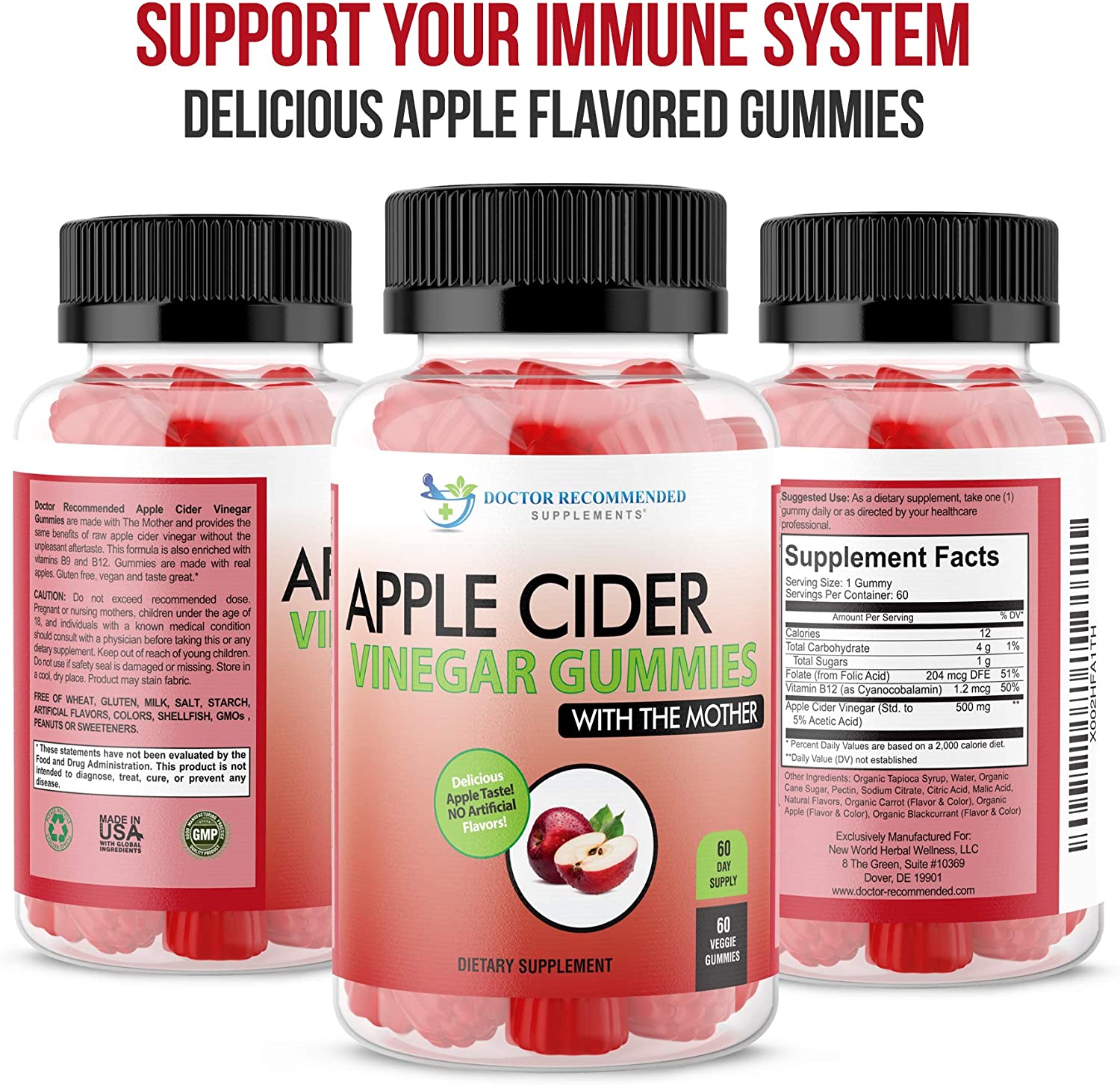 Apple Cider Vinegar Gummy Vitamins - 60 Day Supply of Apple Cider Vinegar Gummies with The Mother, B