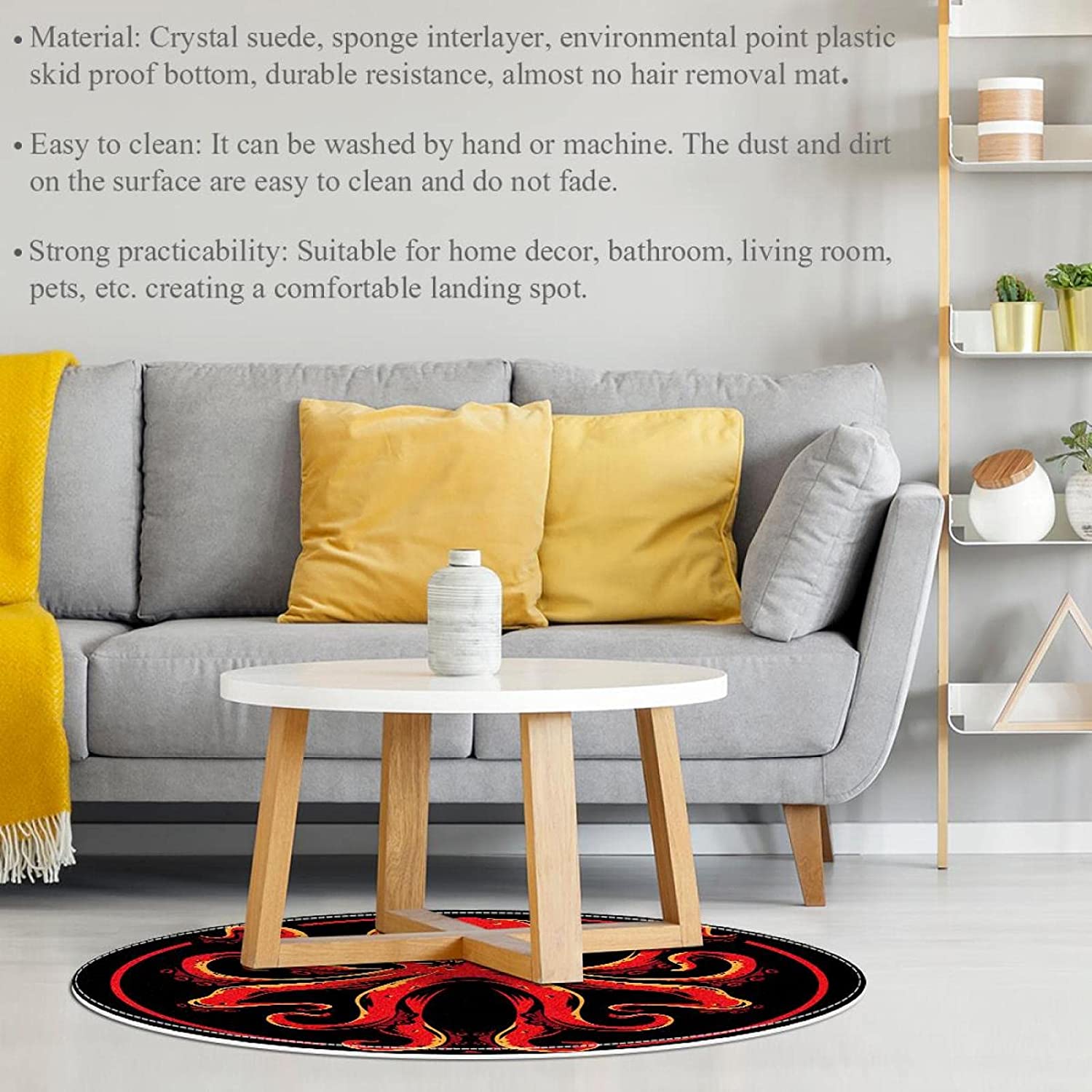 Red Octopus Children Carpet Soft Comfy Round Carpet Bathroom Living Room Non Slip pad for Room Decor