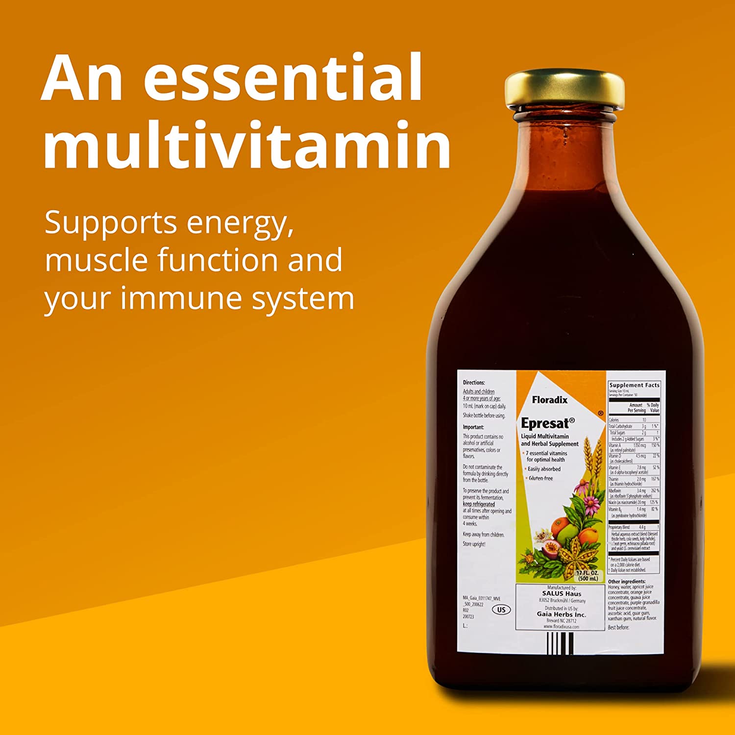 Floradix, Epresat Vegetarian Adult Liquid Multivitamin for Overall Health, 17 Fl. Oz