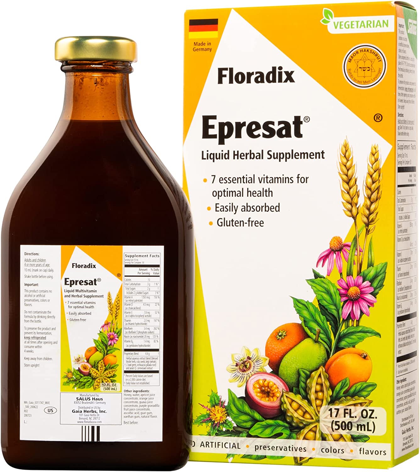 Floradix, Epresat Vegetarian Adult Liquid Multivitamin for Overall Health, 17 Fl. Oz