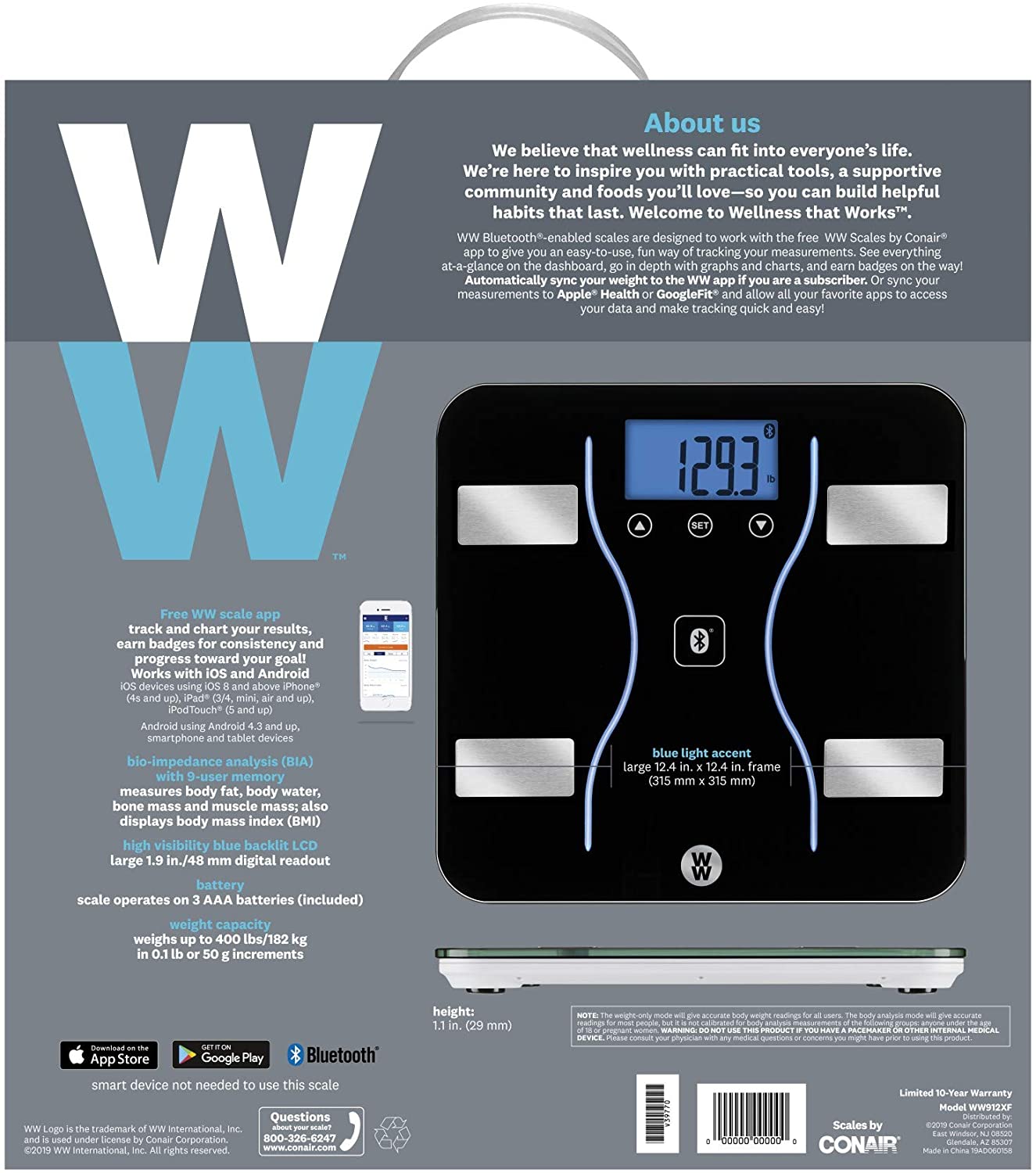 WW Scales by Conair Bluetooth Body Analysis Bathroom Scale, Measures Body Fat, Body Water, Bone Mass
