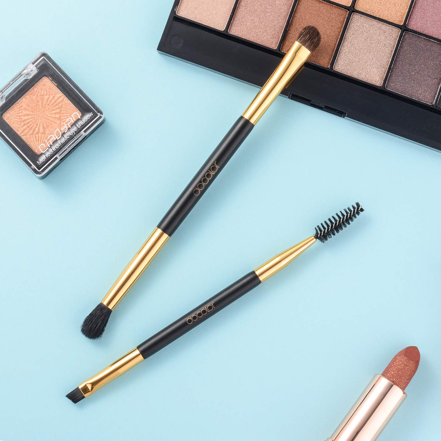2pcs Duo Eyebrow Brush, Docolor Professional Eye Makeup Tool, Eyeshadow Brush and Spoolie Brush Blac